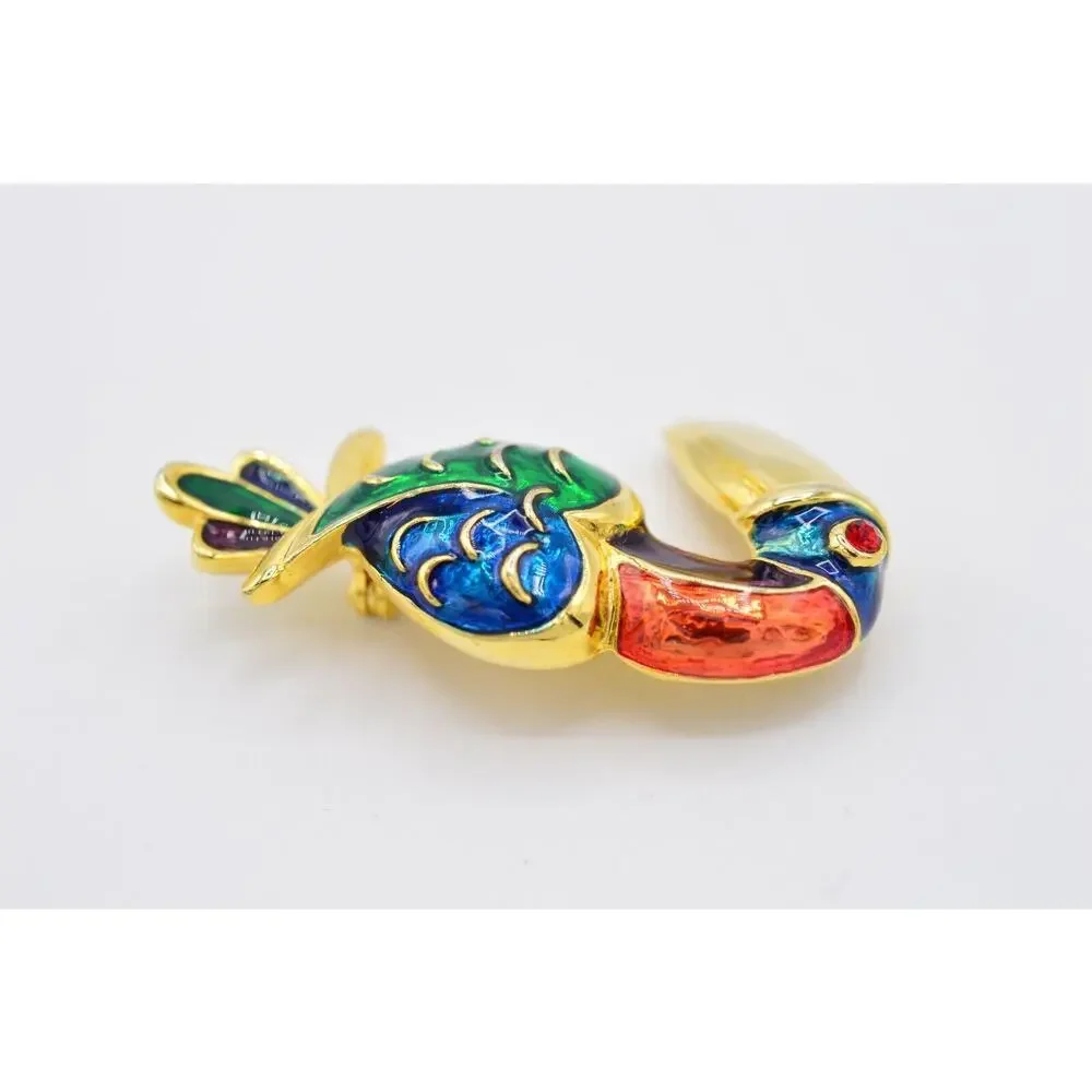 Vintage Toucan Pin Brooch Gold Bird Multi-Color Enamel Red Rhinestone 1980s 9B